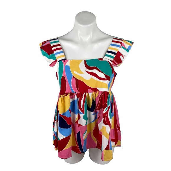 Unbranded Tops - Women Small Abstract Babydoll Top Bright Multi Color Boho Casual NWT